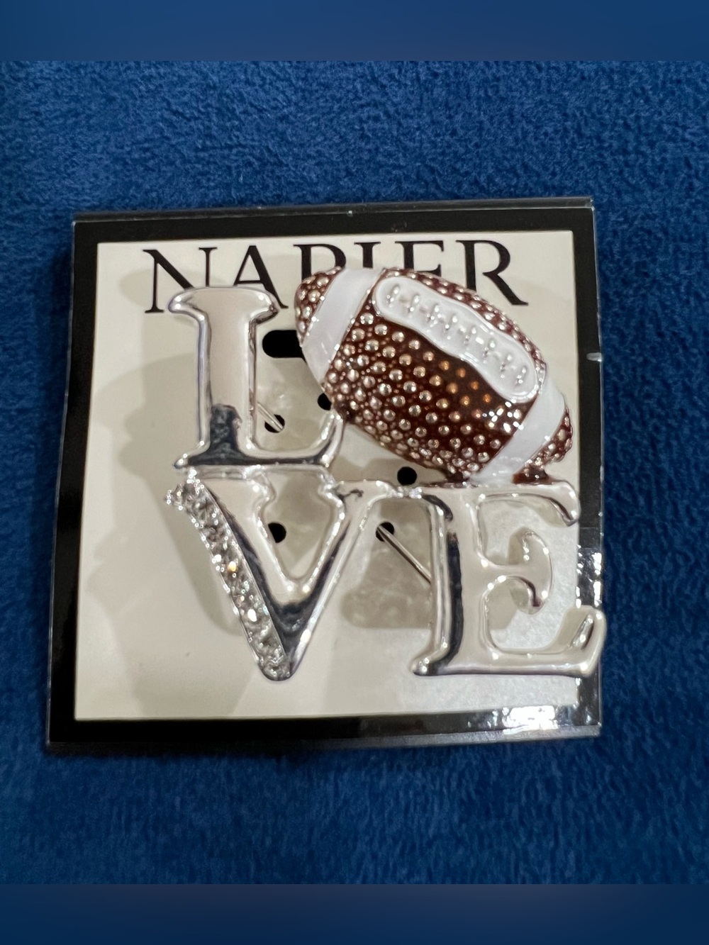 NWT Napier Silver Tone Rhinestone Football LOVE Pin Brooch